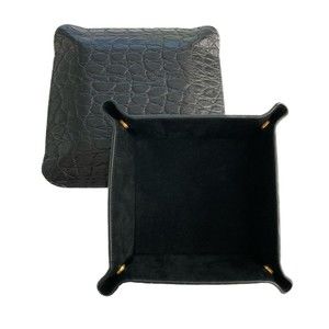 Genuine Black Leather & Suede Valet Jewelry Catchall Organizer Tray Collapsible